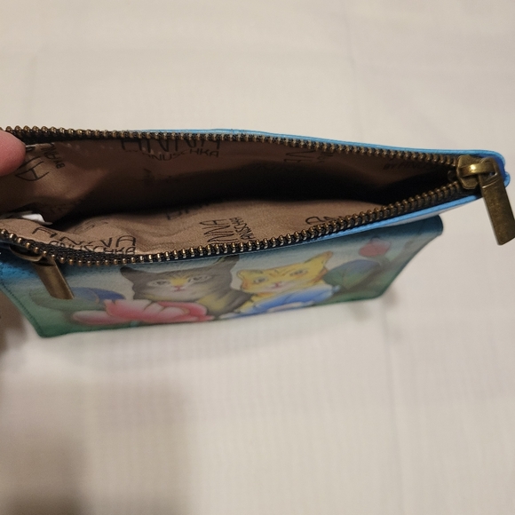 Anuschka Blue and Green Leather Hand Painted  Cat Design Wristlet - Picture 6 of 9